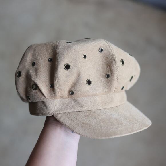 Accessories - Y2K Beige Faux Suede Studded Cadet Cap | Military Newsboy Hat | One Size